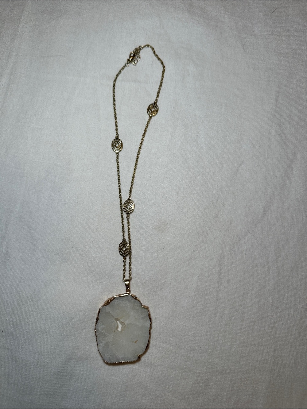 Gold-Trim White Druzy Pendant Necklace
